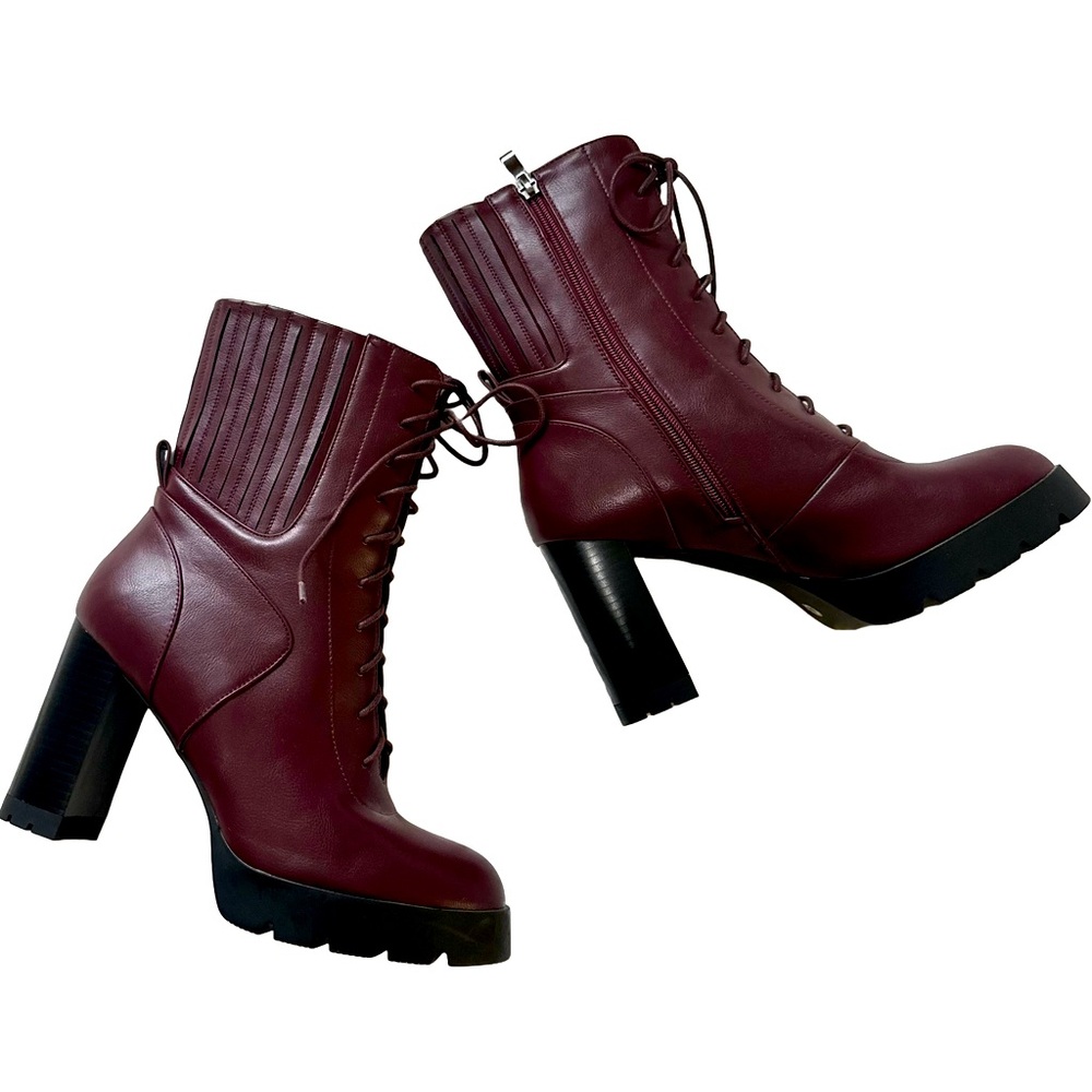 New Platform Combat Boot, Maroon Faux Leather 9/40